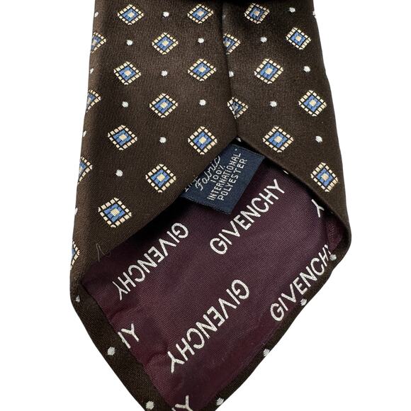 Vintage Givenchy Necktie Mens One Size Brown Blue Square Dot Print - Picture 2 of 3